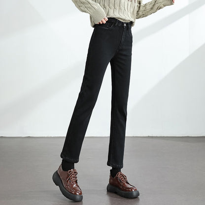 Women's Winter Fleece Warm Jeans Retro Elastic Thickened Comfortable Straight Fashion Korean Casual Female Velvet Denim Pants