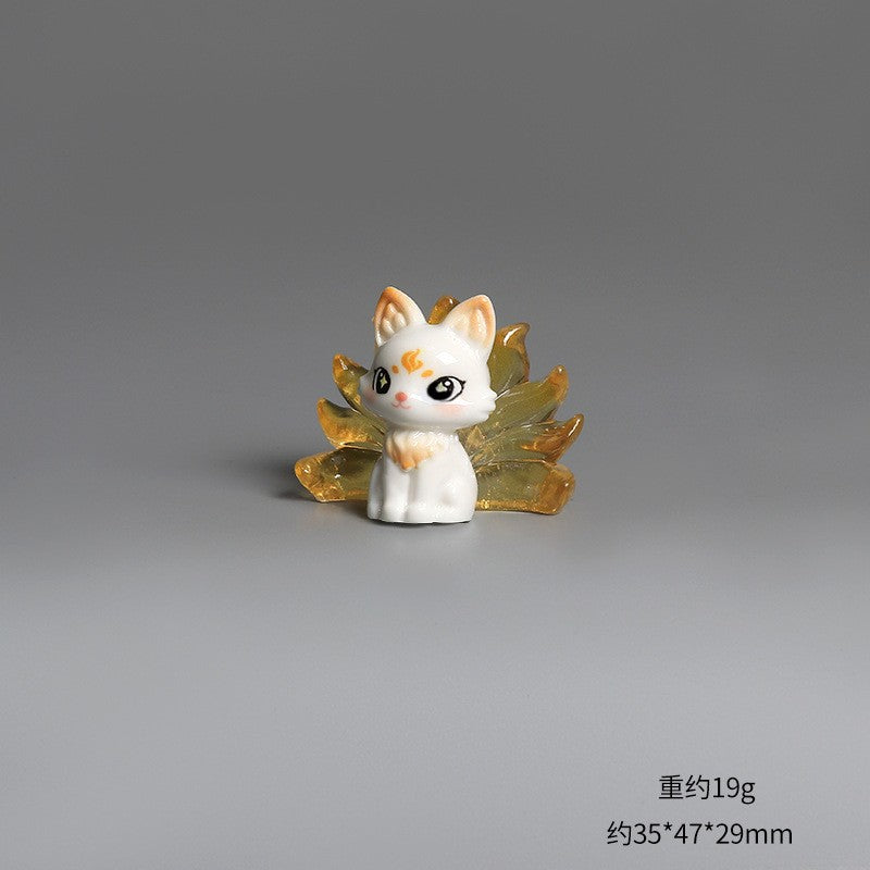 1/6Pcs Cute 9 Tailed Fox Resin Figurine, Kawaii Fantasy Miniature Mythical Fox Animal Decor for Desk Shelf Car Collectible Gift