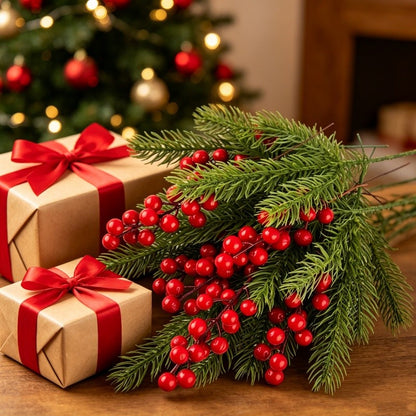 10Pcs Artificial Pine Branches Holly Berries Red Berry Branches for Xmas Tree Decor Wreath Navidad Gift Christmas Decoration