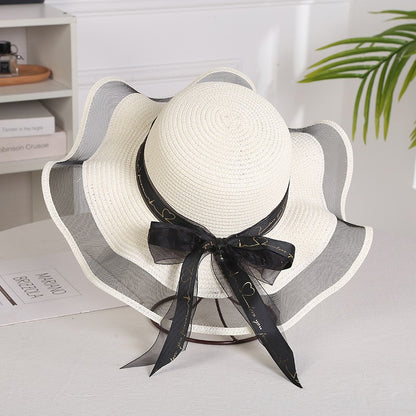 Chapéu de sol feminino dobrável de aba larga com laço, chapéu de palha elegante para proteção solar, moda praia 2021 gorras