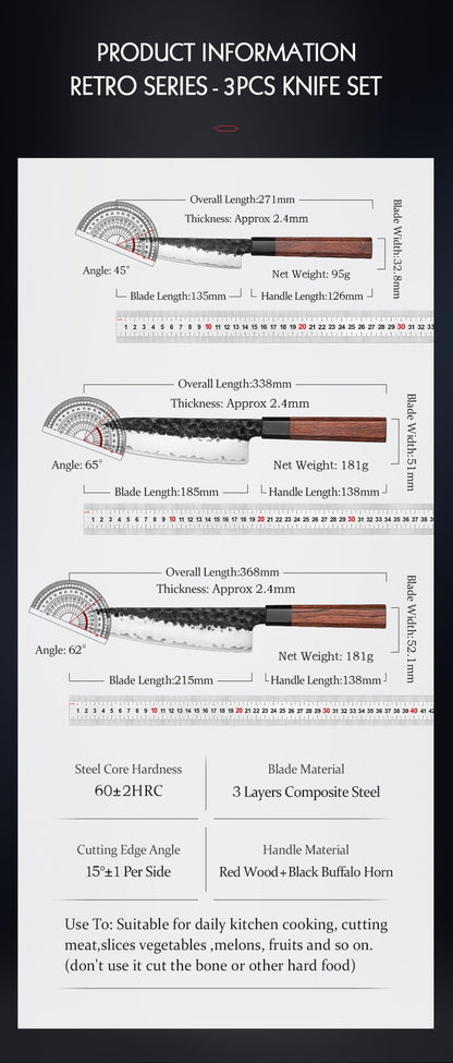 Conjunto de Facas de Cozinha HEZHEN 1-3PC Chef Utilitária Santoku Profissional Aço Revestido Japonês para Carne Faca de Cozinha Madeira Vermelha