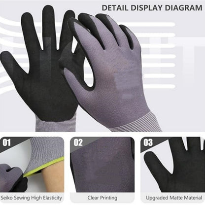 6 Pares de Luvas de Segurança para Trabalho Revestidas com Nitrilo, Luvas Tricotadas Sem Costura 15G com Aderência de Microespuma para Homens, Construção, Indústria, Pintura
