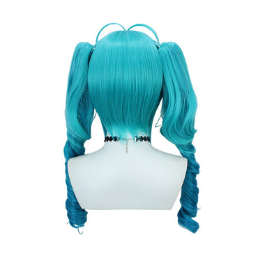 Cabelo Sintético Cosplay de 28 Polegadas com Franja, Cor Gradiente Azul-Ciano Miku, Rabo de Cavalo Cacheado na Ponta, Peruca para Festa de Halloween