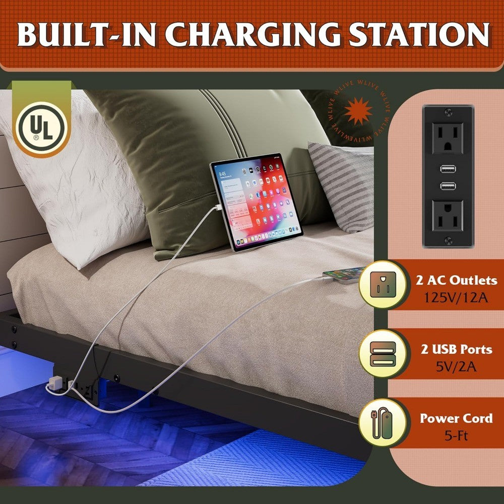 Floating LED Bed Frame with Charging Station | Heavy-Duty Metal Platform, Easy Assembly, No Noise