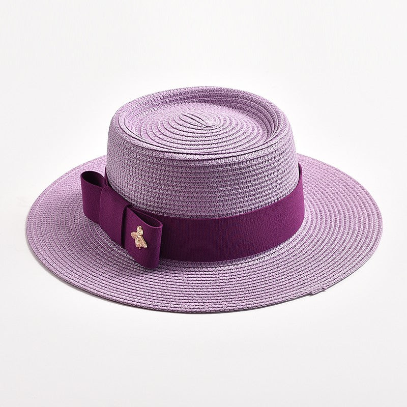 Novos Chapéus de Palha Primavera Verão Femininos de Superfície Ondulada, Topo Reto, Laço, Boné de Vestido, Chapéu de Sol para Viagem e Praia, Gorra