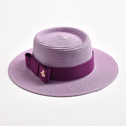 Novos Chapéus de Palha Primavera Verão Femininos de Superfície Ondulada, Topo Reto, Laço, Boné de Vestido, Chapéu de Sol para Viagem e Praia, Gorra
