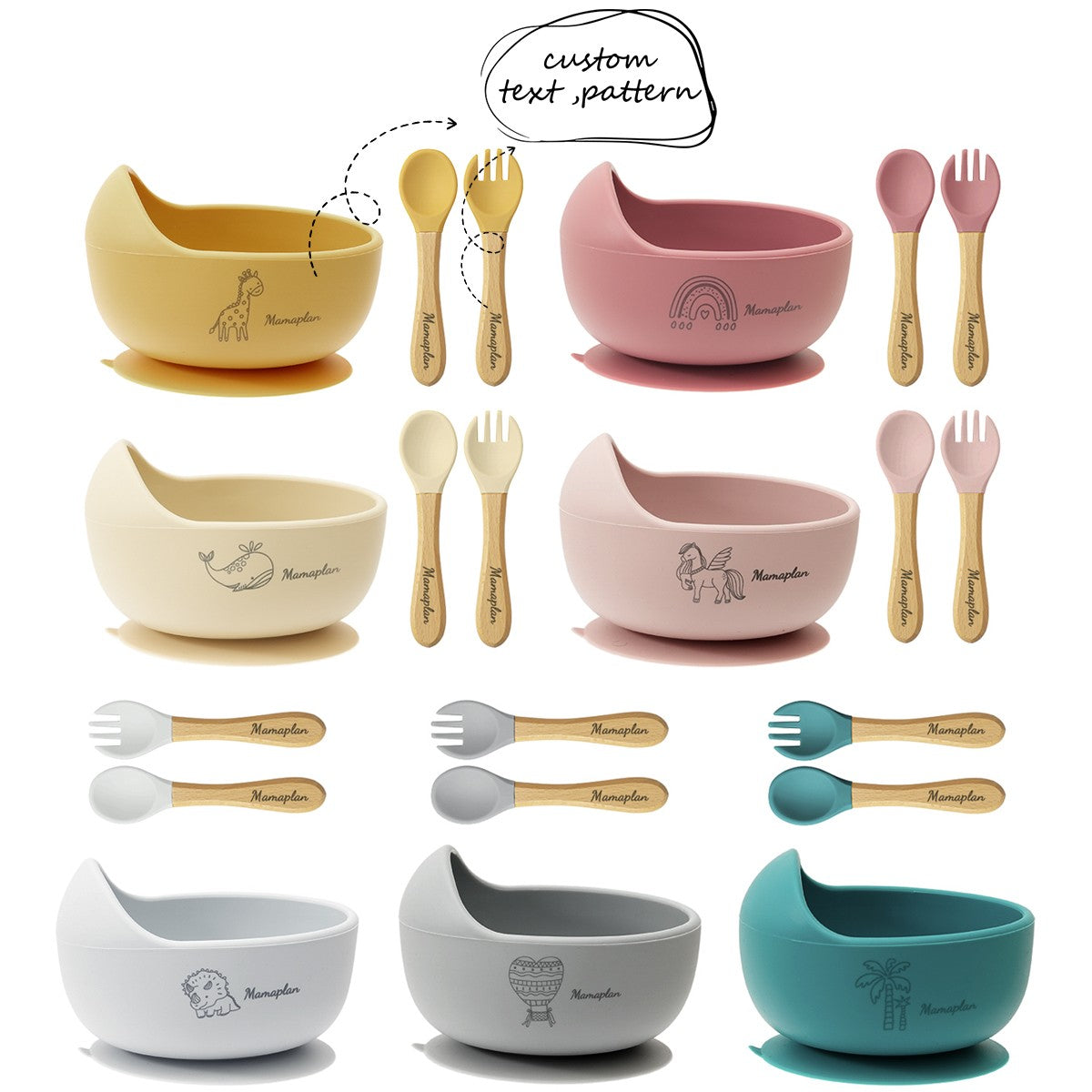 3PCS Custom Baby Feeding Set Spoon Fork BPA Free Silicone Suction Bowl For Toddlers Self Feeding Training Children's Tableware