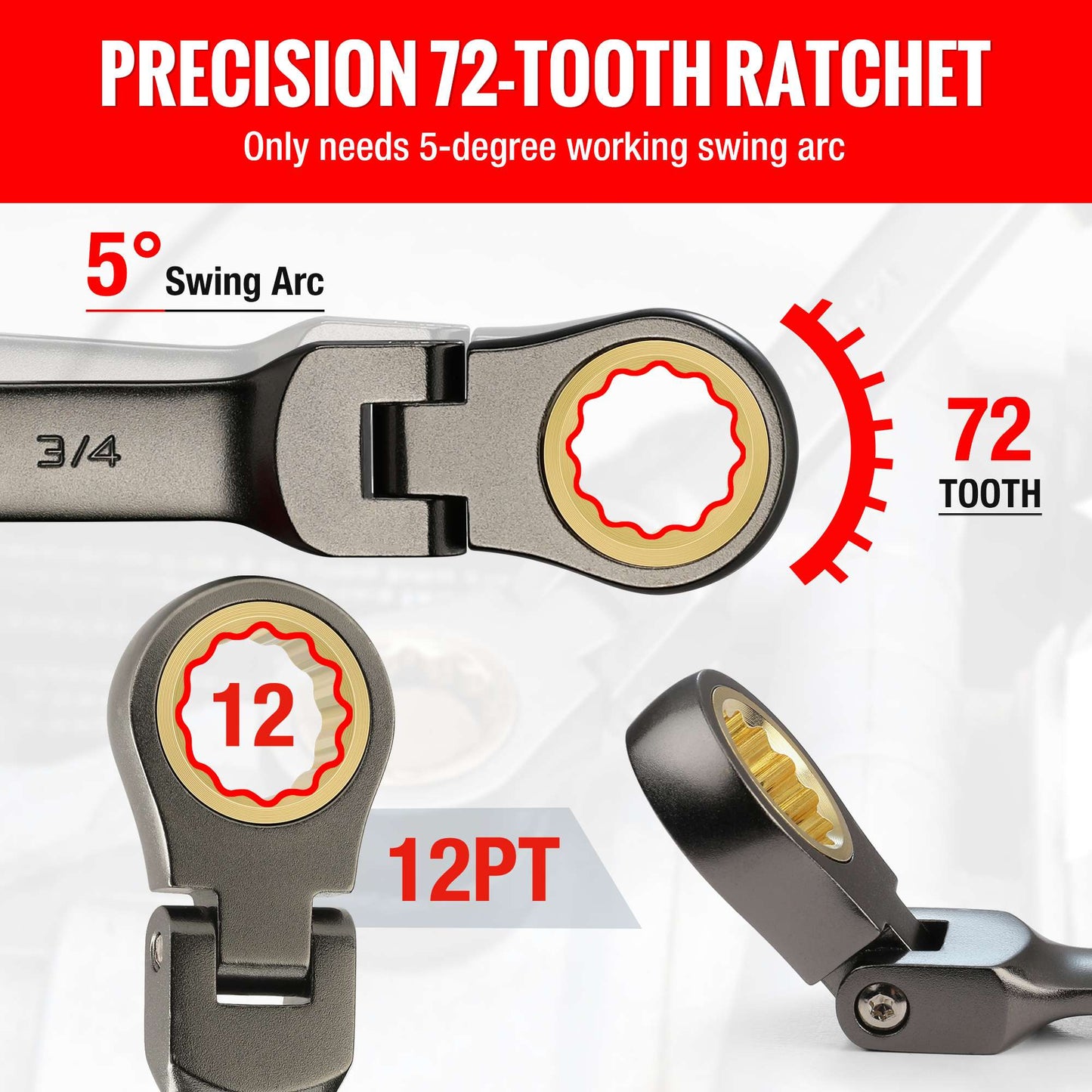 WORKPRO 8pcs Flex-Head Ratcheting Combination Wrench Set SAE 5/16-3/4 in 72-Teeth CR-V Constructed