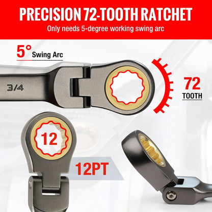 WORKPRO 8pcs Flex-Head Ratcheting Combination Wrench Set SAE 5/16-3/4 in 72-Teeth CR-V Constructed