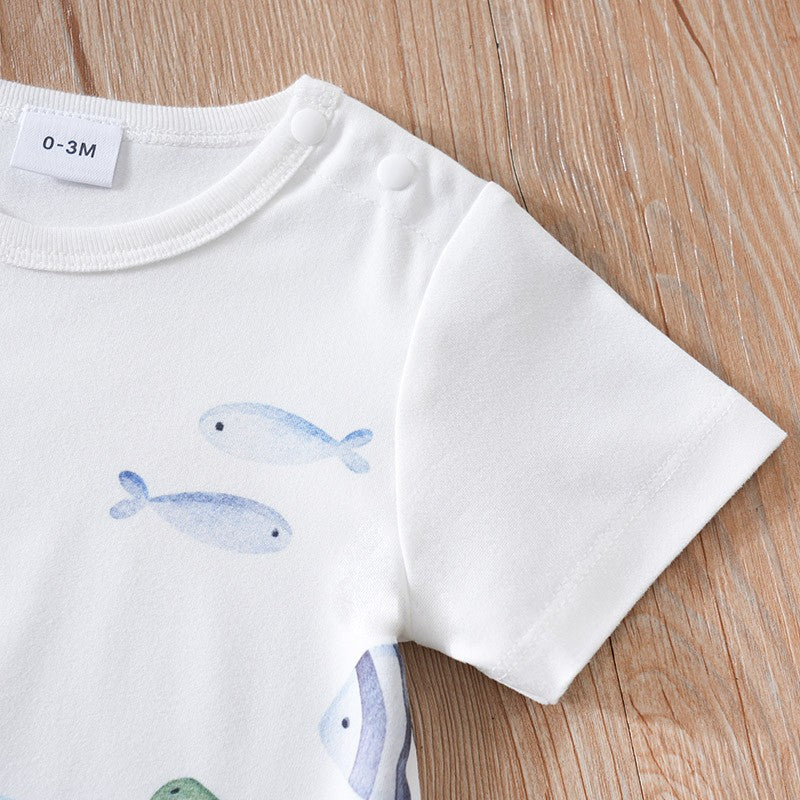 Newborn Clothing Cute Cartoon Marine Animal Print Comfortable And Soft 0-18 Boys And Girls Summer Short Sleeved Baby Jumpsuit