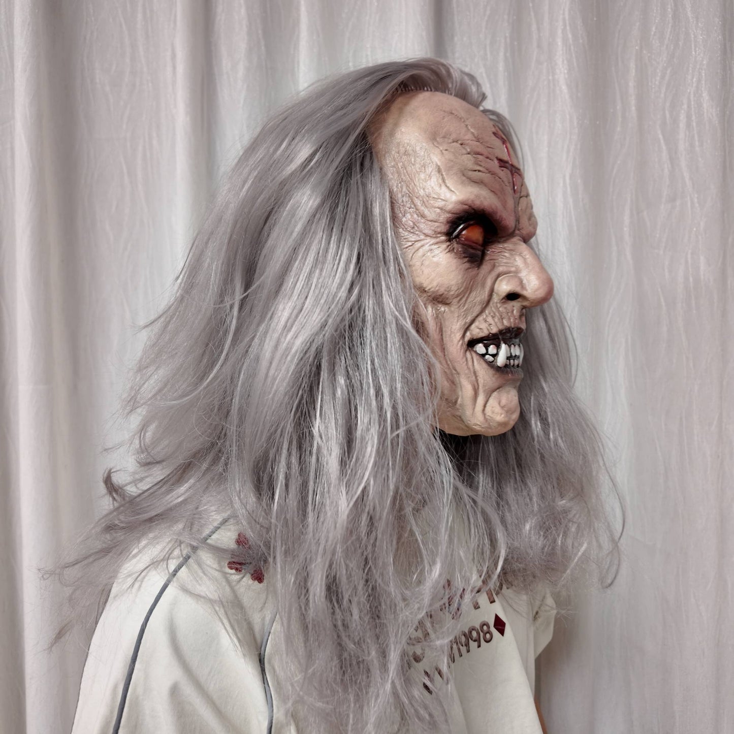 Scary Old Demon Latex Mask Full Head Long Gray Hair Horror Monster Halloween Cosplay Party Prop