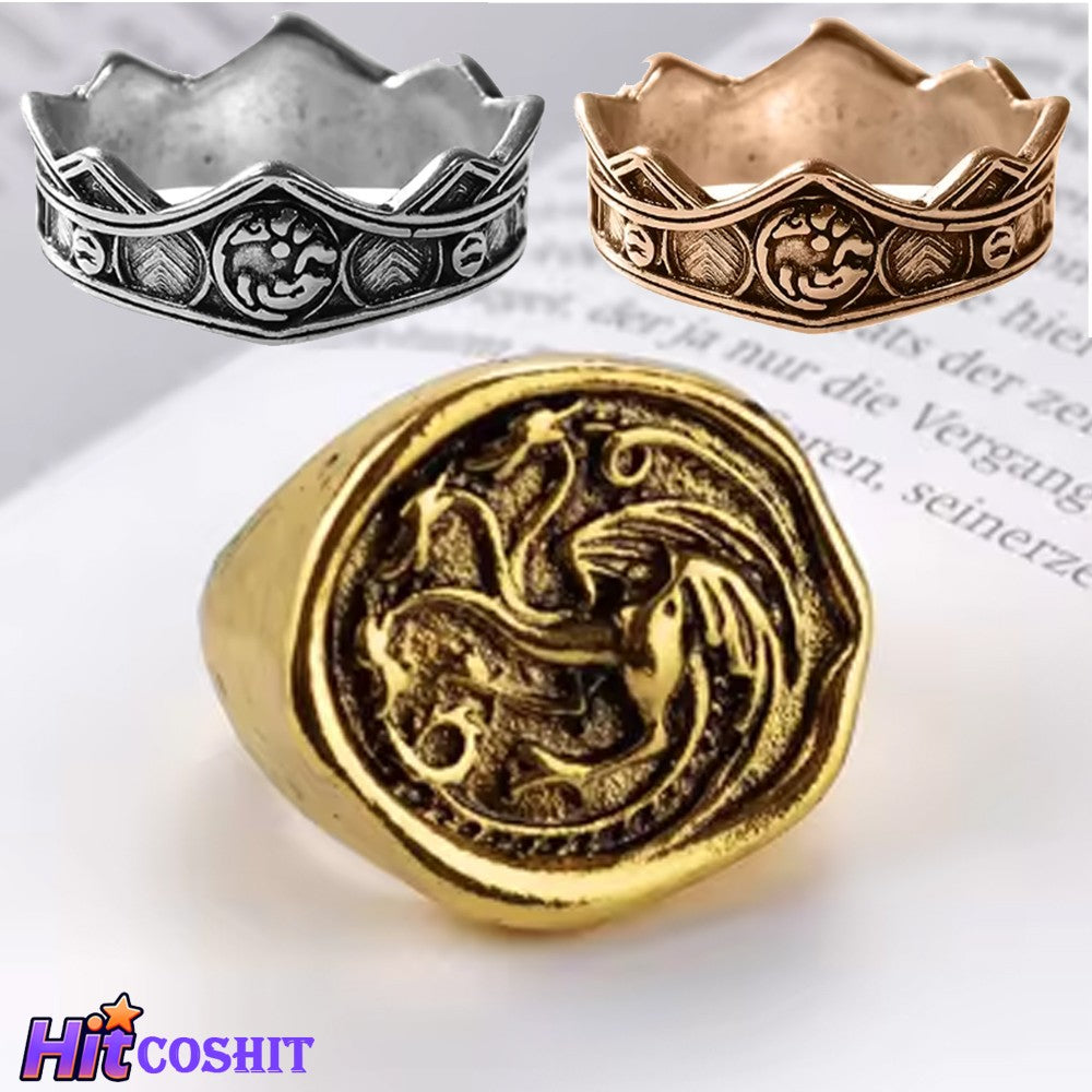 Targaryen Ring Cosplay Three Head Dragon Golden Alloy Metal Rings Fancy Props Halloween Party Costume Accessories Gifts Xmas