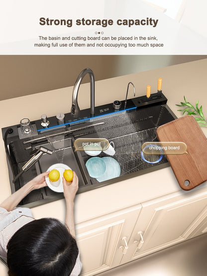 Stainless Steel kitchen Sink With Waterfall Golden Large Single Slot Multifunctional Digital Display Sinks 100*50CM