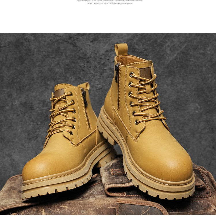 New winter men's shoes rain boots motorcycle leather shoes plush warm outdoor leisure high-top lace-up women's boots