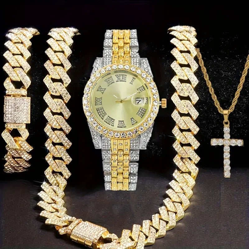 4pcs/set Mens Bling Wrist Watch & Hip Hop Cuban Chain Necklace Set - Rhinestone Accented, Round Dial, Electronic Quartz Movement