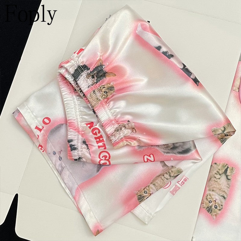 Pyjama Summer New Ladies Sweet Satin Silk Floral Printed Pajamas Set Short Sleeve+Pants Women Ice Silk Cute Homewear Casual Wear