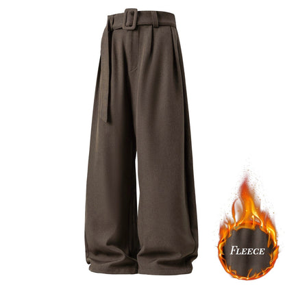 Men's Pleated Drape Curved-Leg Trousers Loose-Fit Straight-Leg Pants Retro-Style Belted Casual Pants
