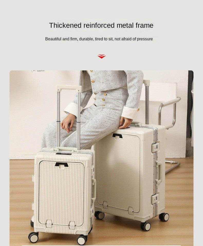 Suitcase Front Opening Pocket Aluminum Alloy Frame Rolling Luggage with USB Charging Plug Trolley Carry-on Case Bag with Wheel