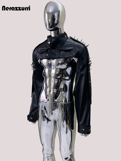 Mauroicardi Cool Black Cropped Pu Leather Jacket Men Rivet Shoulder Pads Zip Up Short Luxury Punk Style Clothes European Fashion