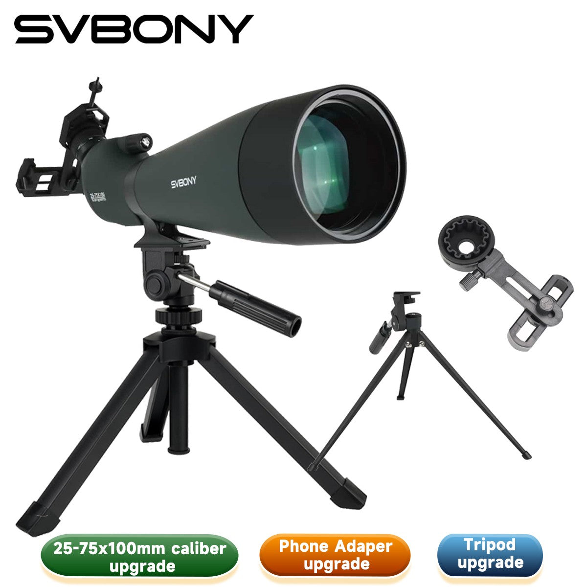 Svbony 25-75x100mm SV28A Lunetas de Observação Anguladas com Tripé e Adaptador de Telefone Telescópio FMC para Observação de Pássaros Observação Diária
