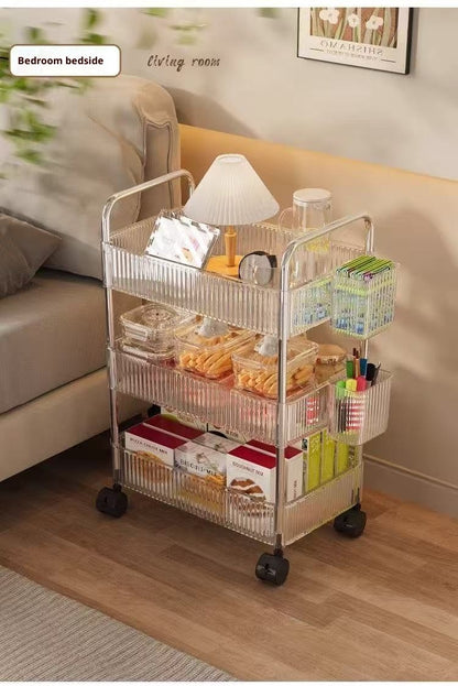 Prateleira de armazenamento móvel para banheiro para lanches, brinquedos e cosméticos multi-camadas, carrinho pequeno transparente