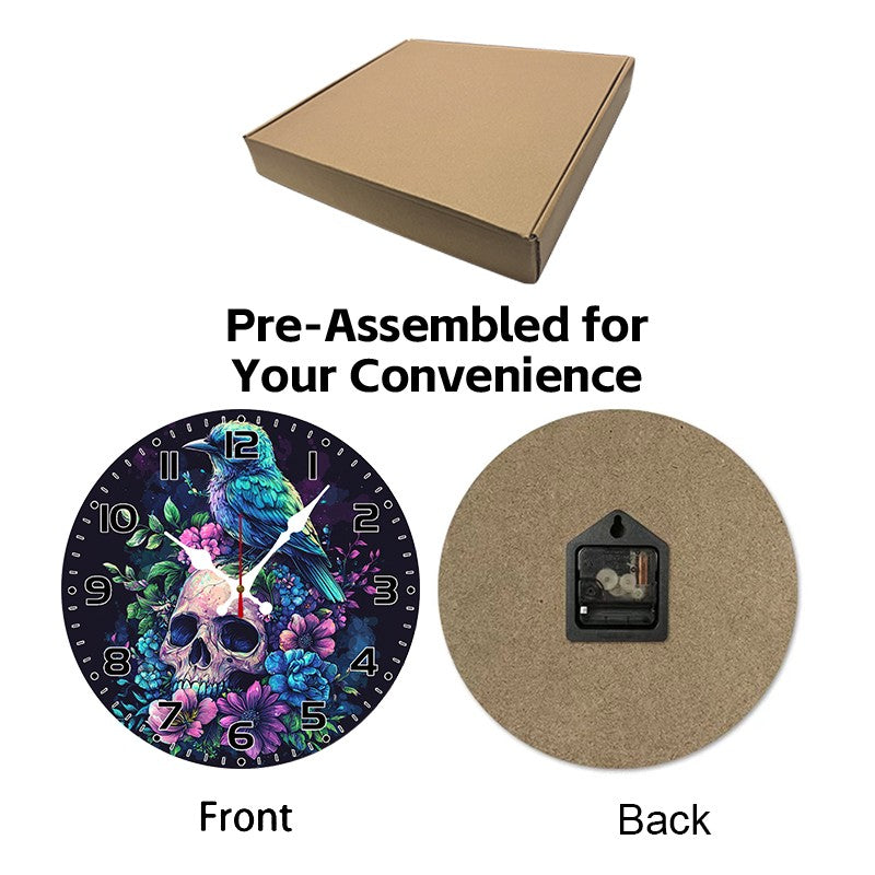 Evil Skull Wooden Round Silent Hanging Wall Clock, Suitable For Living Room, Office, Study Room, Bedroom, Home Decoration