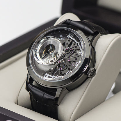 OBLVLO Luxury Retro Casual Men Skeleton Automatic Watches Mechanical Calfskin Strap Mineral Crystal Glass Waterproof Dial 45 VM