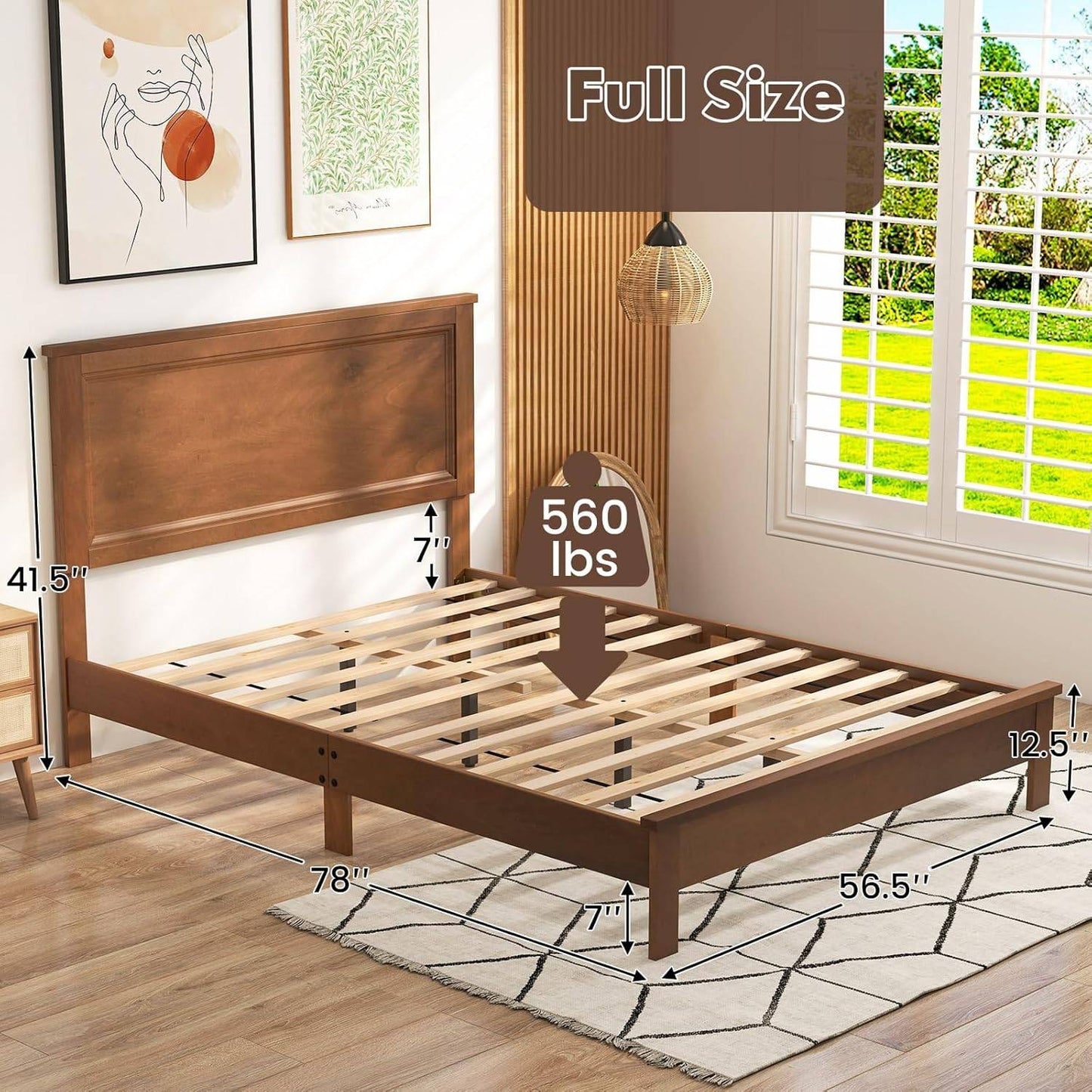 Cama de plataforma completa de madeira com cabeceira, Estrutura de cama de meados do século com pernas de madeira maciça e suporte de ripas de madeira, Pallet Be