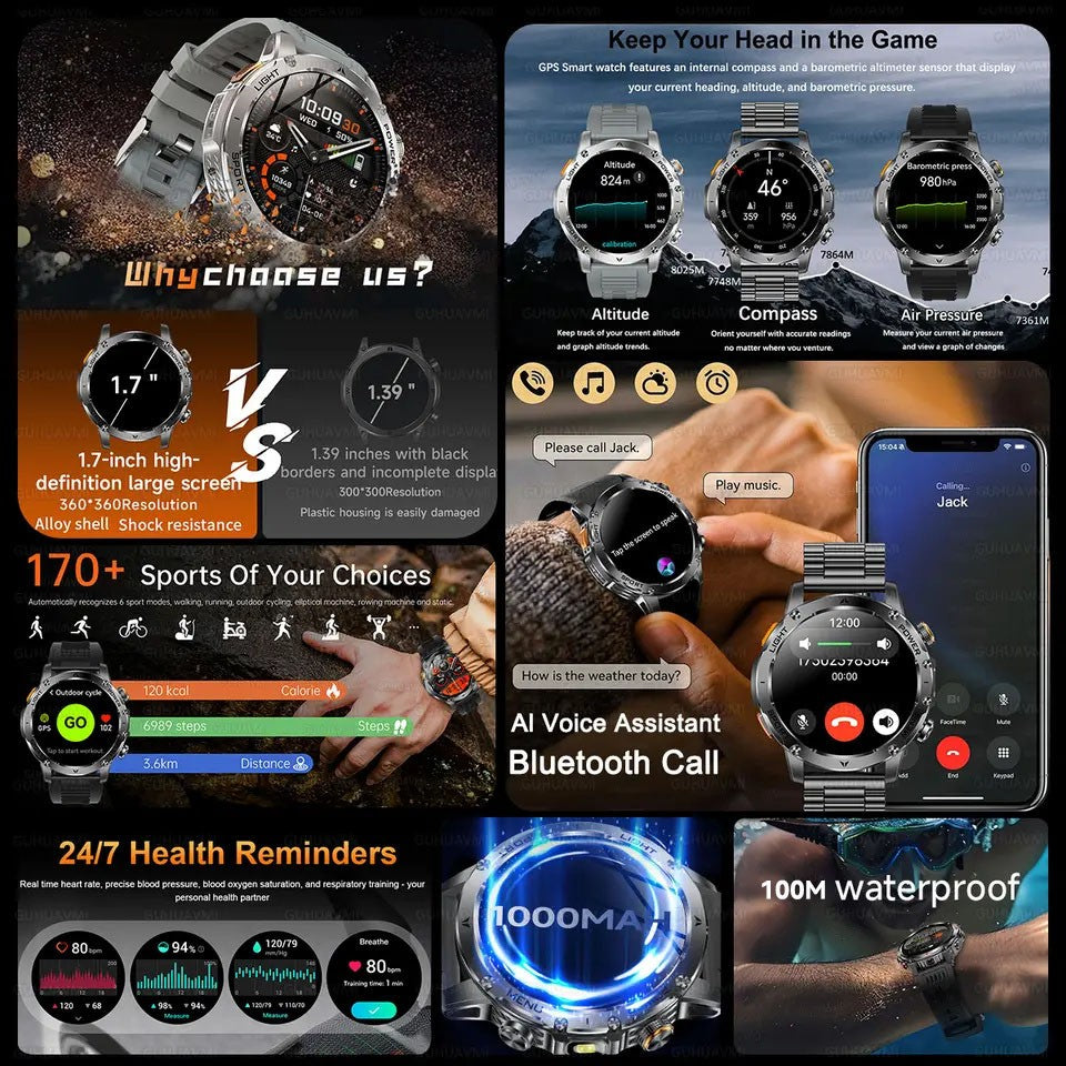 2025 T-REX3 1000mAh Grande Bateria Durável Relógio Inteligente Adulto GPS Lanterna Forte 10ATM À Prova D'água Chamada BT Smartwatch Esportivo Masculino