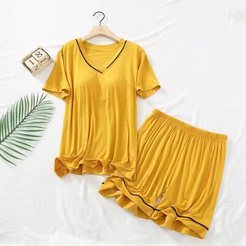 Sexy Nightwear Women Short Sleeves and Shorts with Chest Pads Pajamas Two-Piece Set of Comfortable Solid-Coloured Student Home W