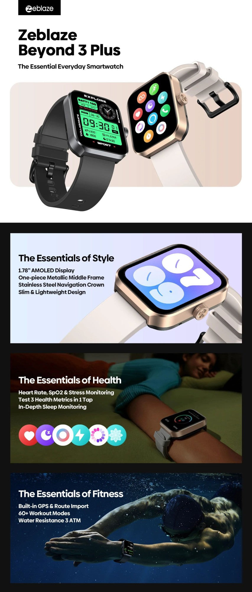 Novo Zeblaze Beyond 3 Plus GPS Smart Watch Tela AMOLED de 1,78'' Alexa Integrada Faz/Recebe Chamadas Telefone Smartwatch 3ATM