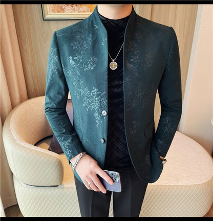 Men's New Chinese Stand Collar Blazer Jacket 2025 Fashion Elegant Printed Slim Fit Business Suits Jacket Tailcoat Men Clothing