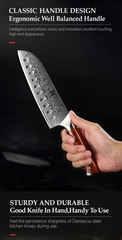 XINZUO 7PCS VG10 Damascus Steel Knife Set 67 Layers Rosewood Handle 60HRC Sharpness International Standard Gift Box Kitchen Tool