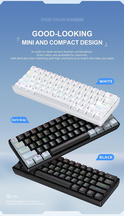 Teclado Mecânico RGB de 61 Teclas com Fio K61 Mini Teclado Portátil 60% Preto, Branco, Switches Vermelho/Azul para Jogos/Trabalho