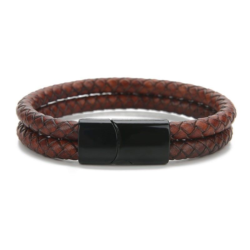 New Vintage Double Layer Braided Leather Bracelet for Men Women Magnetic Clasps Bracelets Punk Charm Men Fashion Jewelry