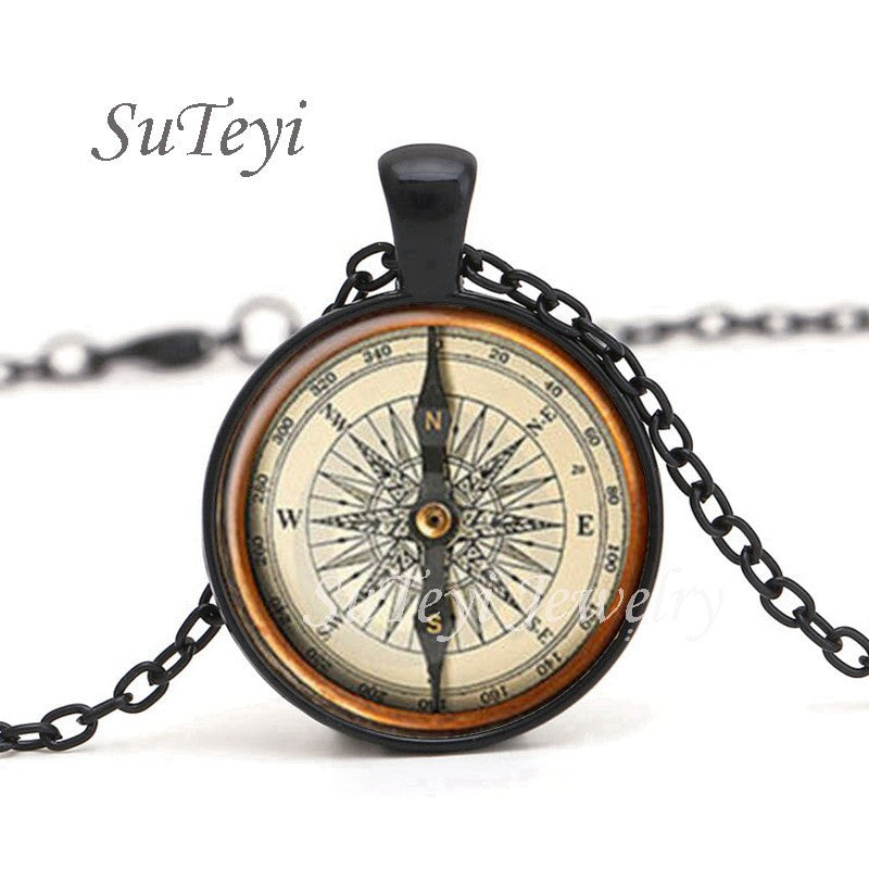 Colar de Pingente de Bússola Steampunk com Cabochão de Vidro Redondo Vintage para Homens e Mulheres