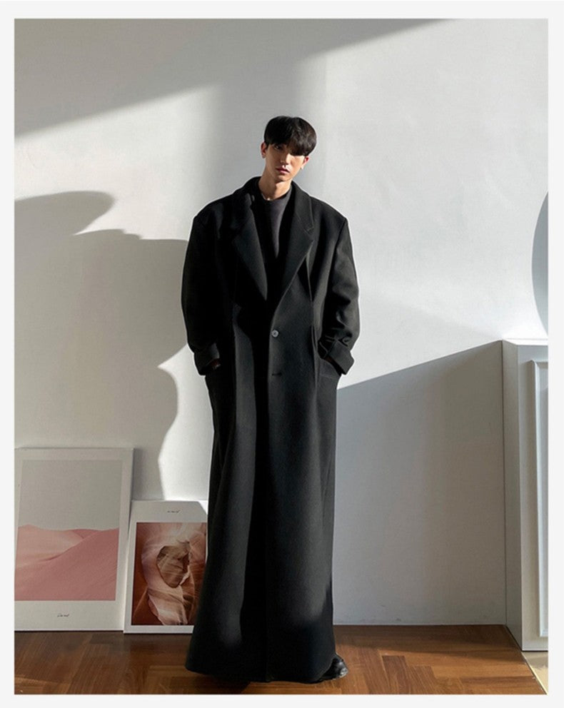 Mauroicardi Autumn Winter Extra Long Warm Black Loose Casual Wool Blends Coat Men Luxury Floor Length Overcoat Korean Fashion