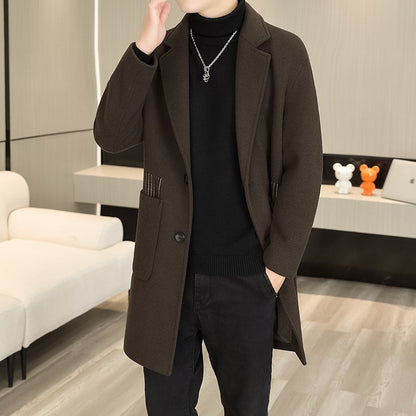 Men's Long Over-the-Knee Trench Coat Youth Black Business Casual Suit Collar Overcoat Mid-Length Trench Coat