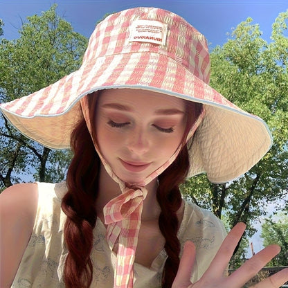 Plaid fisherman hat trendy seaside beach sunshade hat double-sided wearable plaid summer sunscreen hat