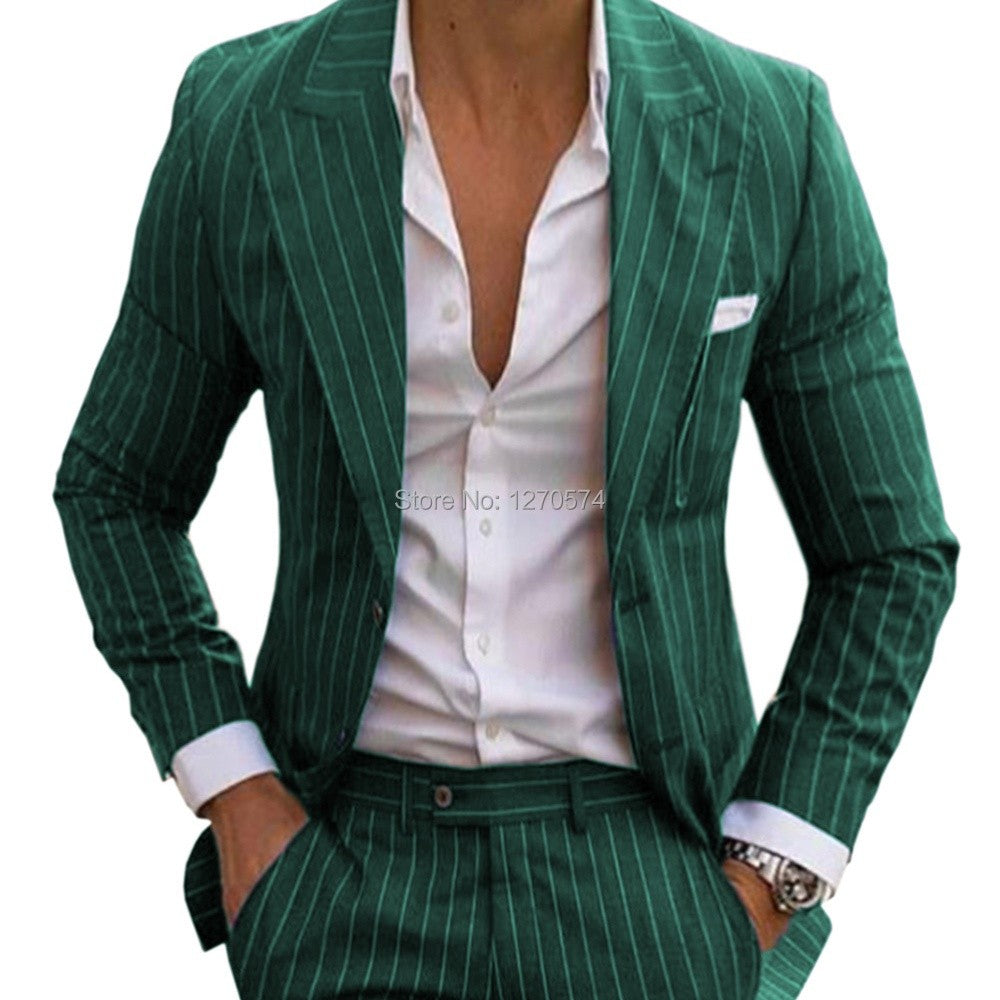 Slim Fit Pinstripe Smoking Suit for Men Peaked Lapel Tuxedo 2-Piece Blazer And Pants Wedding Groomsmen Formal Wear