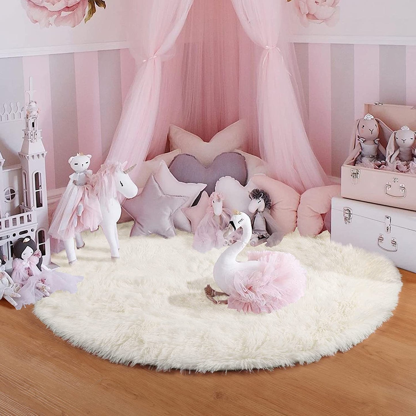 100/120/140/160 Round Rug Fluffy Soft Area Rugs for Kids Girls Room Princess Castle Plush Shag Carpet Cute Circle Bedroom Decor