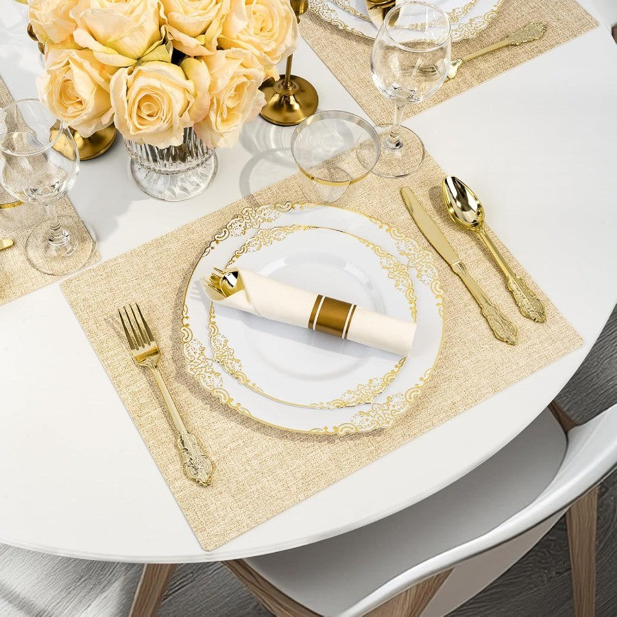 700PCS Gold Plastic Plates for 100 Guests Disposable Dinnerware Sets Include 200 Gold Rim Plastic Plates 100 Silverwares 100 Cu
