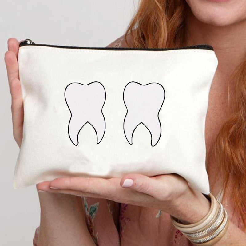 2024 Cute Teeth Cartoon White Zipper Makeup Bag Dental Clinic Storage Bag Women's Single Party Minimalist Decorative Handbag