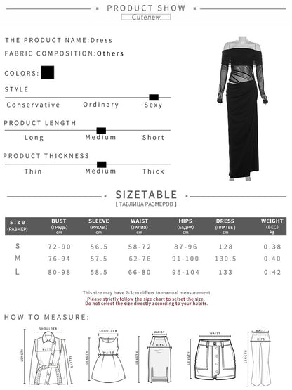 Cutenew Mesh Ruched Women Maxi Dress Sexy See Through Off Shoulder Long Sleeve S