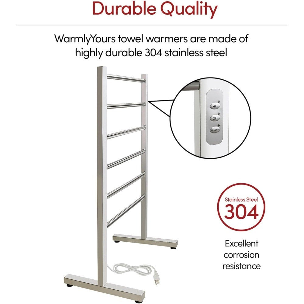 6-Bar Freestanding Electric Towel Warmer in Polished Stainless Steel with Built-In Timer for Luxurious Bathroom Experience