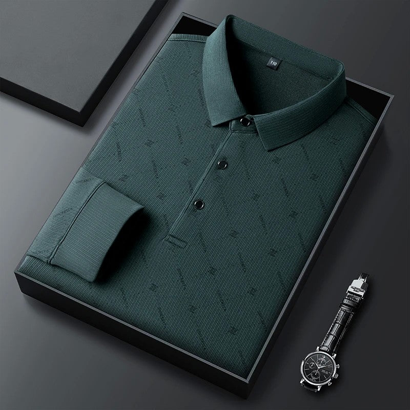New Men's Business Casual Long Sleeved Shirt with Badge Solid Color Polo Shirt Fashionable Breathable Comfortable Versatile Top