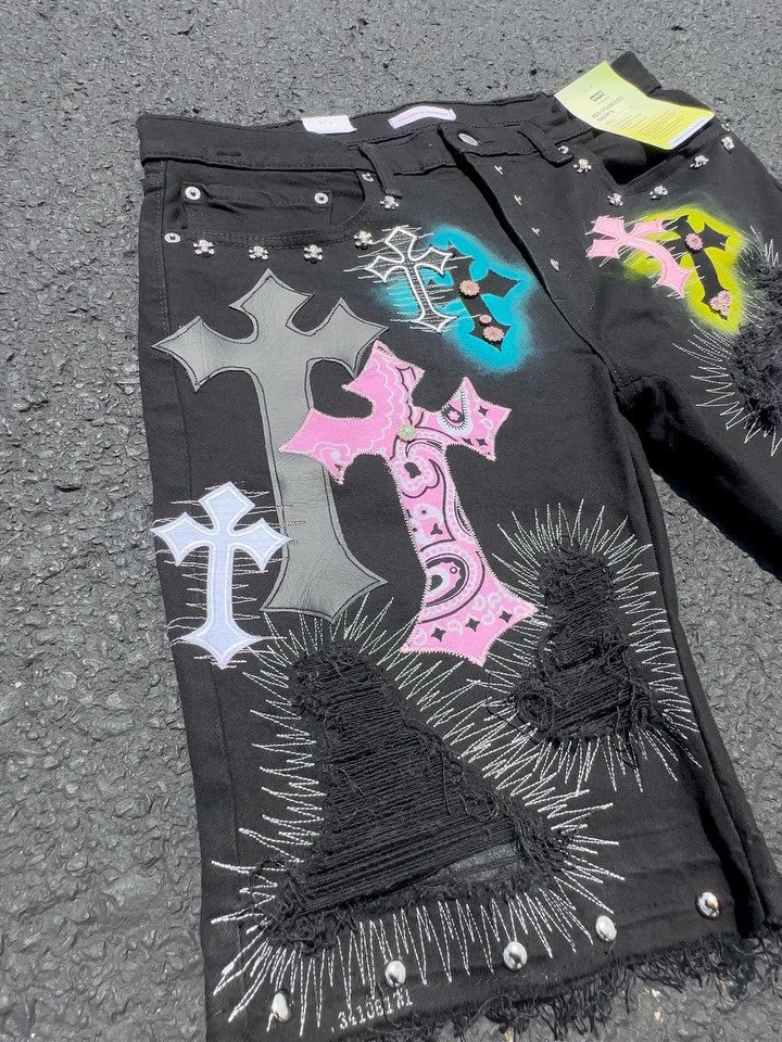 Y2K Willow Nail Denim Shorts Men Women Gothic Punk Style Embroidered Applique Design Loose Casual Jeans Fashion Retro Streetwear