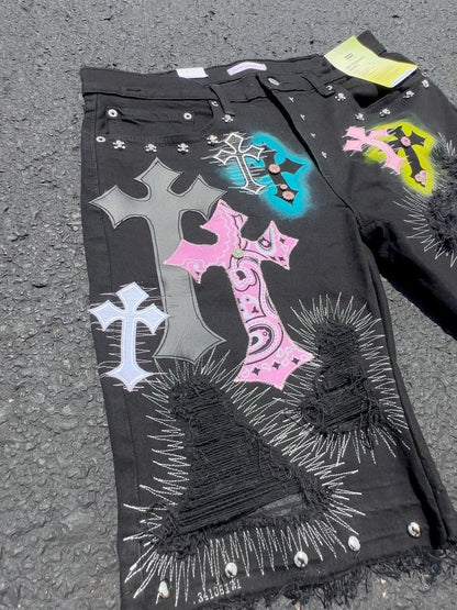 Y2K Willow Nail Denim Shorts Men Women Gothic Punk Style Embroidered Applique Design Loose Casual Jeans Fashion Retro Streetwear