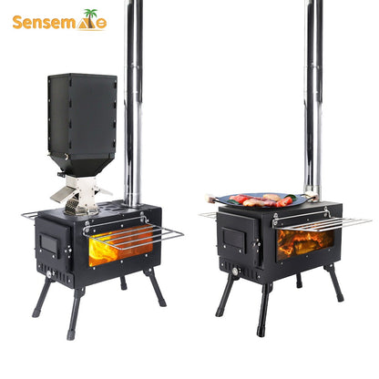 Fogão a Lenha Dobrável para Acampamento, Aquecedor de Tenda Portátil com Chaminé Destacável de 5 Seções, Queimador de Lenha para Pesca no Gelo, Para Cozinhar e Churrasco ao Ar Livre