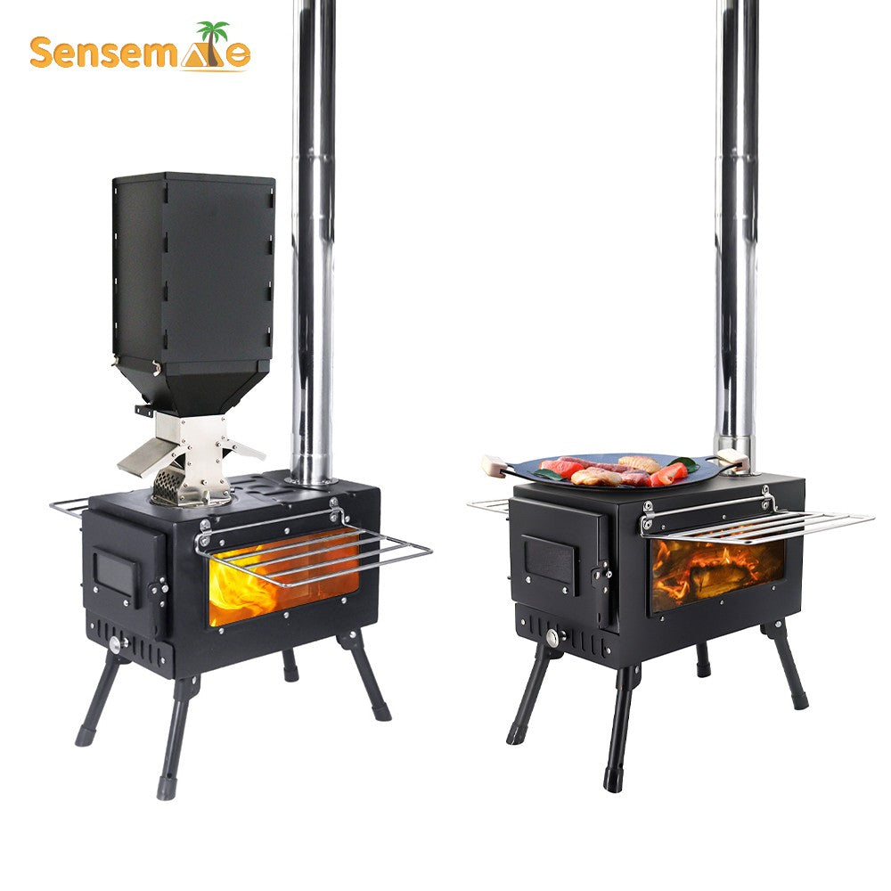 Fogão a Lenha Dobrável para Acampamento, Aquecedor de Tenda Portátil com Chaminé Destacável de 5 Seções, Queimador de Lenha para Pesca no Gelo, Para Cozinhar e Churrasco ao Ar Livre